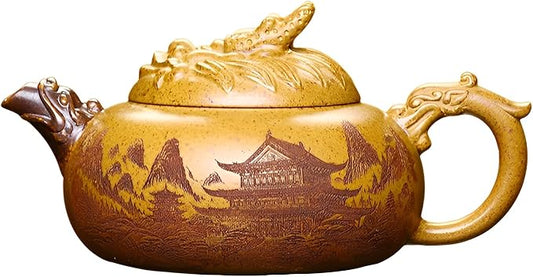 Genuine Yixing Clay Teapot 12 Oz, Chinese Handmade Golden Yellow Clay Zisha Tea Pot,Infuse Brew Kung Fu Tea Maker -Dragon