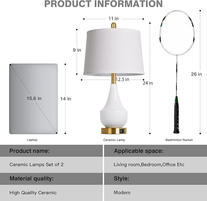 Modern White Table Lamp Set of 2, 24" Ceramic Table Lamp with USB A+C Ports,Classic Beside Lamps Nightstand Lamp Modern Lamp for Living Room, Bedroom & Office -LED Bulbs Included