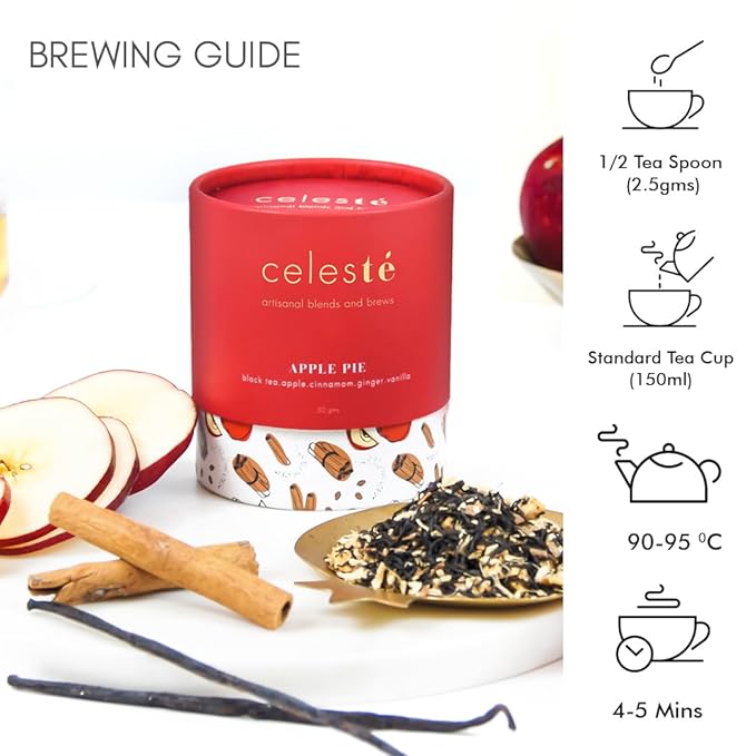 Celeste Apple Pie - Apple Cinnamon Tea - Premium Blend with Ginger, and Vanilla | 100% Natural Loose Leaf Black Tea (1.76 oz) (50gm) (25 Cups)