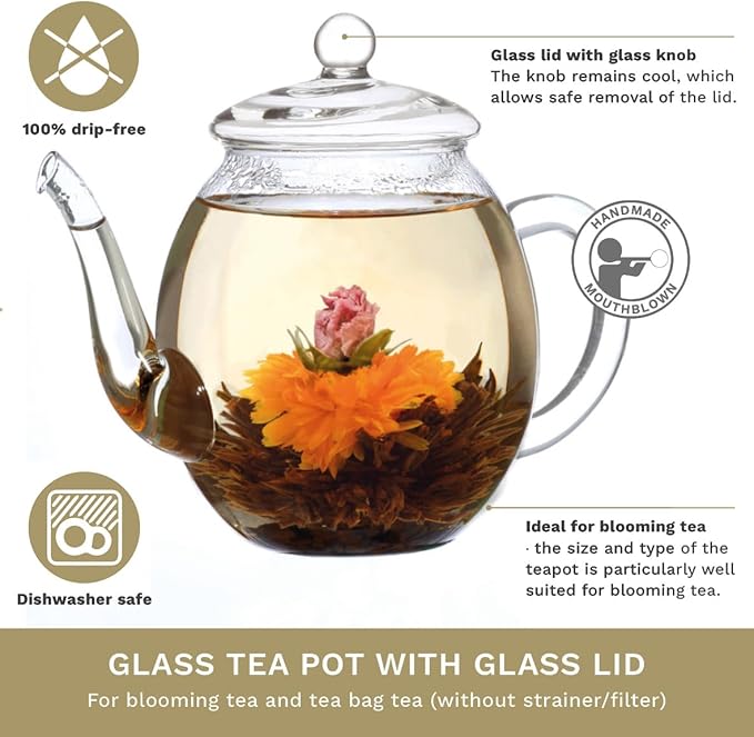 Creano glass teapot 17 oz (500ml), with glass lid, ideal for preparing teaflowers or tea bags, drip-free