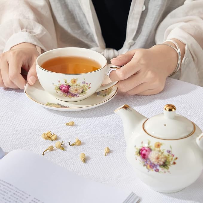 European Porcelain Tea for One, Vintage Floral Teapot and Saucer Set, Gold Trim Floral Teapot, Tea Cup with Saucer Set