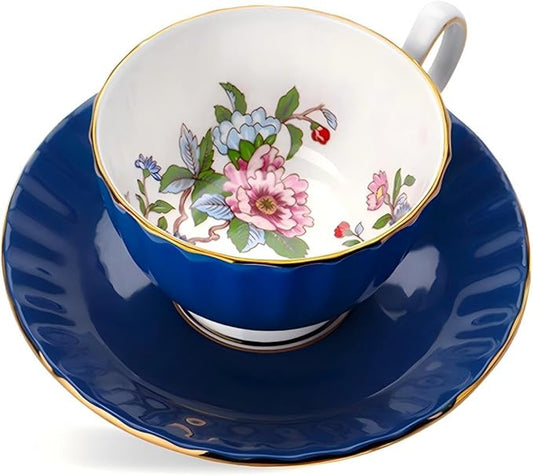Aynsley Handpainting Colored Glaze Pembroke Oban Fine Bone China English Tea Cup and Saucer Set, 6.1 oz (Blue)