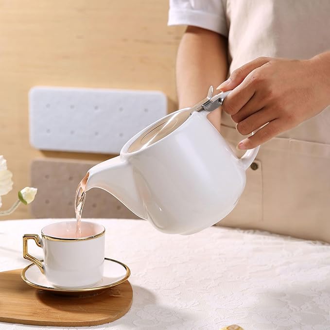 Ceramic Teapot With Stainless Steel Infuser, Heat Resistant, Perfect Tea Maker, White, 500ml/17oz
