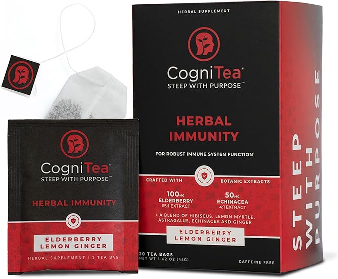 CogniTea Herbal Immunity Tea - Immune System Booster - 100mg High- Potency Elderberry, 50mg Echinacea, Lemon, & Ginger Organic Herbal Tea Bags - Caffeine Free Immunity Boost