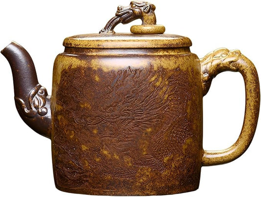 Genuine Yixing Clay Teapot 12.8 Oz, Handmade Golden Yellow Clay Zisha Tea Pot,Infuse Brew Kung Fu Tea Maker -Azure Dragon