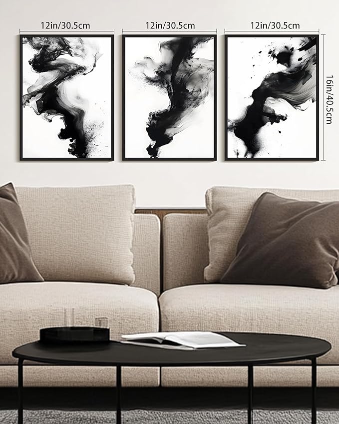 KUVIOKE Black White Abstract Framed Canvas Wall Art Ink Wash Pastel Wall Decor Modern Rendering Illustration Art Painting for Bedroom Dining Room 12x16in (Black Framed)