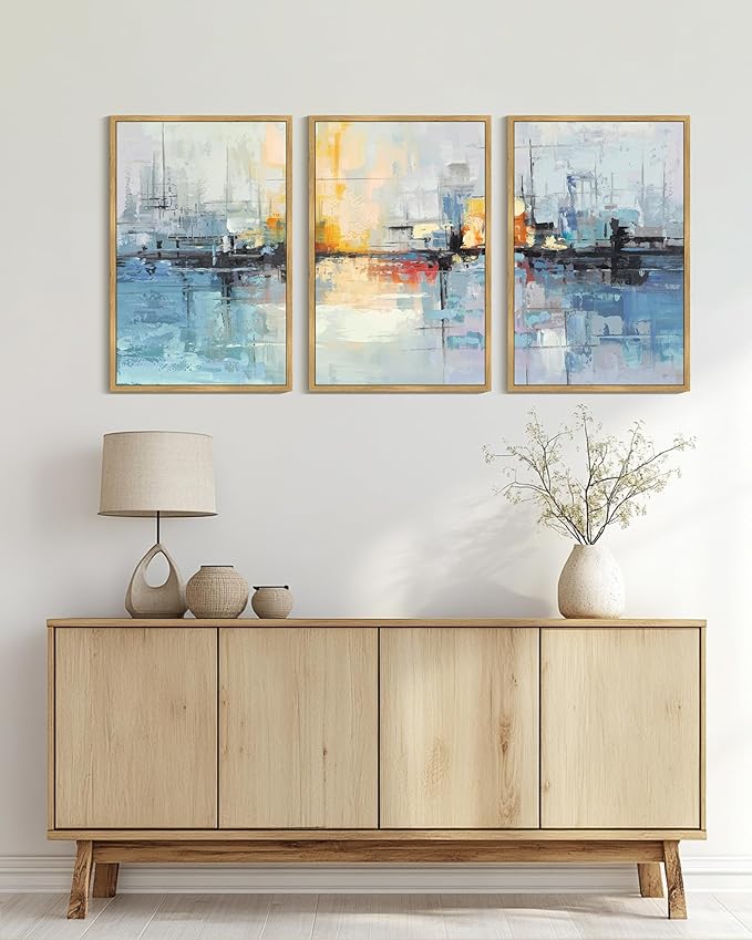 KUVIOKE Navy Blue Abstract Landscape Framed Canvas Wall Art Graffiti Shape Pastel Wall Decor Modern Minimalist Art Painting for Bedroom Dining Room 24x36in (Natural Framed)