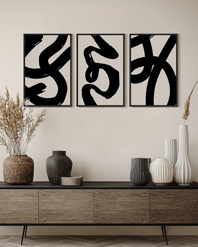 KUVIOKE Black Abstract Framed Wall Art Ink Wash Minimalist Lines Canvas Painting Artwork for Bedroom Hallway 16x24in (Black Framed)