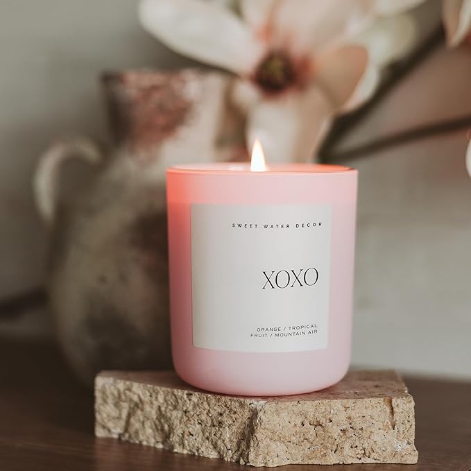 Sweet Water Decor XOXO Scented Candles - Soy Candles with Tropical Fruits, Lemons & Redolent with Lightly Exotic Mountains Greens - Candle Wax with 70 Hours Burn Time - 15Oz Pink Matte Jar Candles