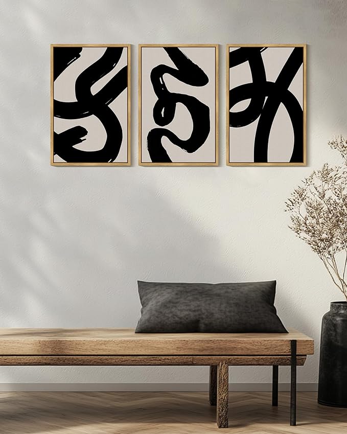 KUVIOKE Black Abstract Framed Wall Art Ink Wash Minimalist Lines Canvas Painting Artwork for Bedroom Hallway 16x24in (Natural Framed)