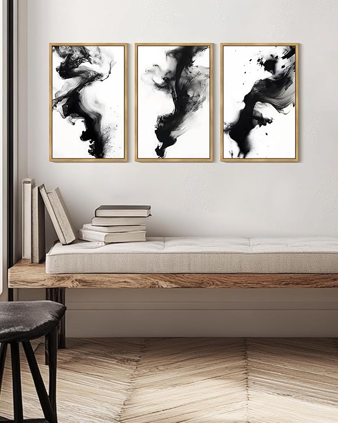 KUVIOKE Black White Abstract Framed Canvas Wall Art Ink Wash Pastel Wall Decor Modern Rendering Illustration Art Painting for Bedroom Dining Room 16x24in (Natural Framed)