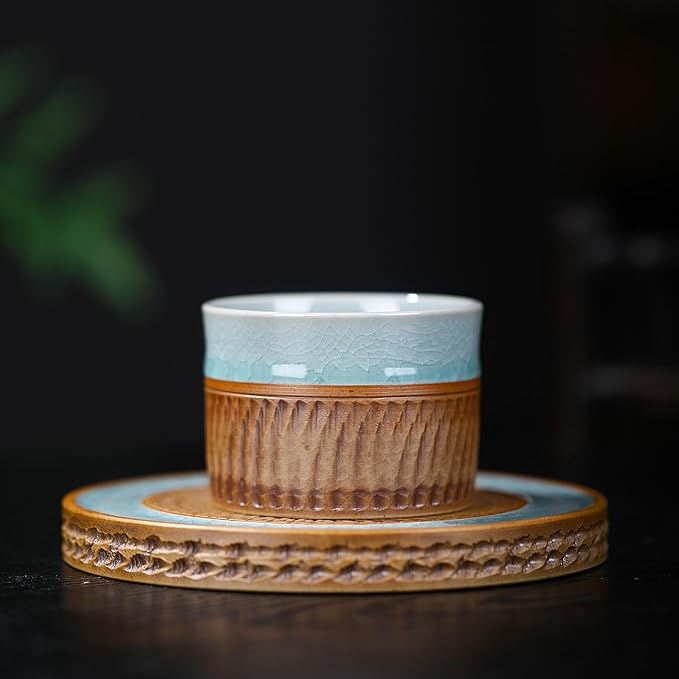Ru Kiln Tea Cup - Handcrafted Chinese Japanese Ceramic Kungfu Tea Cup with Ice Crystal Crackle Glaze, Double Layer Insulated, Light Blue Interior & Textured Exterior for Tea/Coffee Lovers