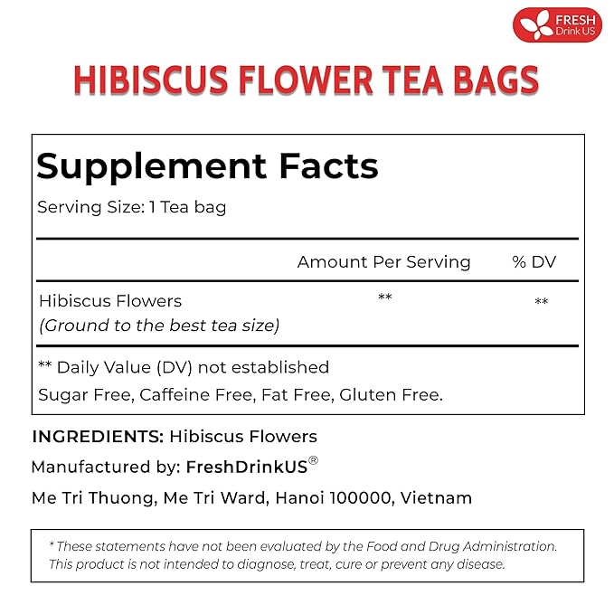 FreshDrinkUS, Premium 60 Hibiscus Flowers Tea Bags, 100% Natural & Pure, Loose Flower Herbal Tea. No Sugar, No Caffeine, No Gluten, Vegan. Great To Drink Hot Or Ice Tea
