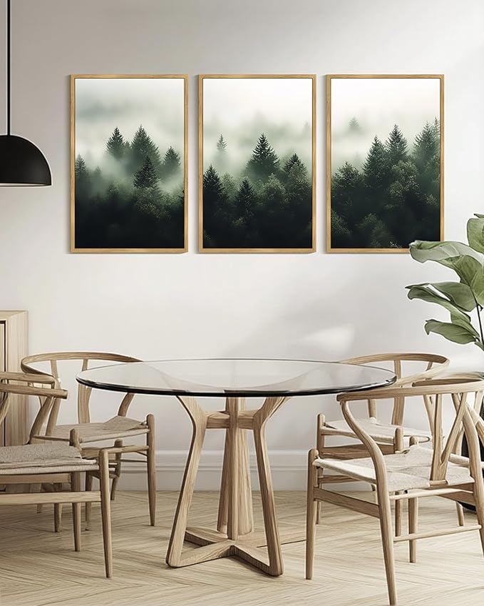 KUVIOKE Morden Green Fog Pine Tree Framed Canvas Wall Art Nature Nordic Forests Artwork Painting Bedroom Decor 24x36in (Natural Framed)