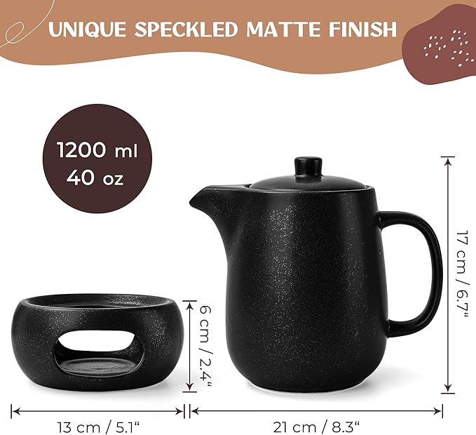 Teapot with Warmer Set, 1.2 L, Ceramic Teapot with Strainer Insert and Candle Warmer, Tea Pot, Teapot with Ceramic Warmer