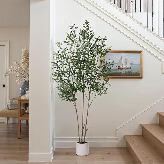 Artificial Olive Trees, 6 FT Tall Fake Olive Tree with White Planter for Indoor - Large Faux Olive Silk Tree for Home Office Decor