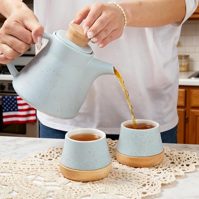 TETWIN Ceramic Teapot with Infuser, 25oz Blue Tea Pot with 8 Loose Leaf Tea Samplers Gift Set – Small Teapot for Full Leave Tea, Elegant Nordic Design, Dishwasher Safe