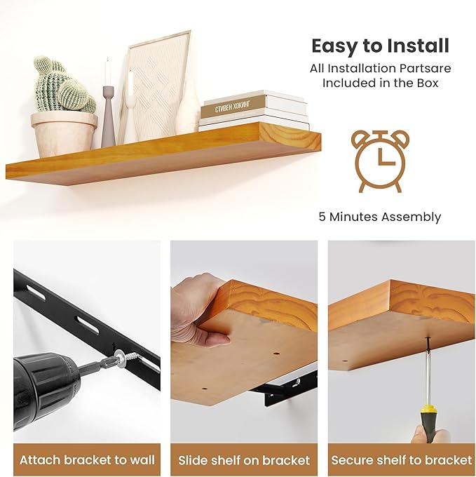 Fun Memories Wood Floating Shelves Set of 2, Rustic Pine Wood Floating Shelves for Wall Mounting, Wide Wall Shelf for Home Decor and Storage, 16" W x 7" D, Honey Oak