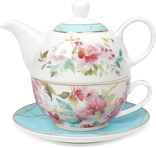 fanquare Pink Floral Teapot, Tea Cup and Saucer Set with Gold Trim, Porcelain Tea for One Tea Set for Gift, Blue