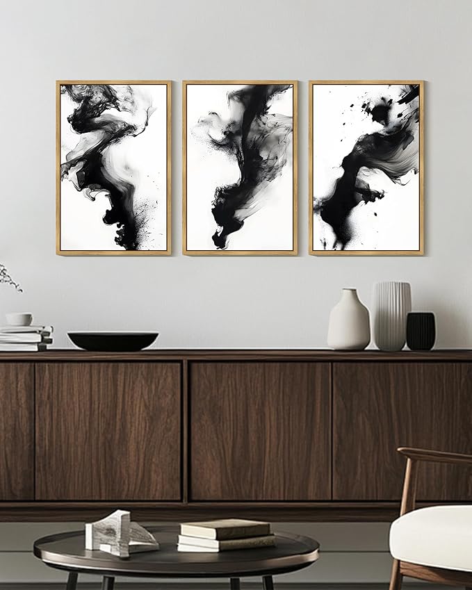 KUVIOKE Black White Abstract Framed Canvas Wall Art Ink Wash Pastel Wall Decor Modern Rendering Illustration Art Painting for Bedroom Dining Room 16x24in (Natural Framed)