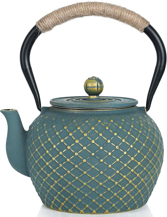 Ufine Japanese Style Cast Iron Teapot for Stove Top with Stainless Steel Infuser Loose Leaf Tetsubin Grid Design Blue Tea Kettle 40oz/1200ml