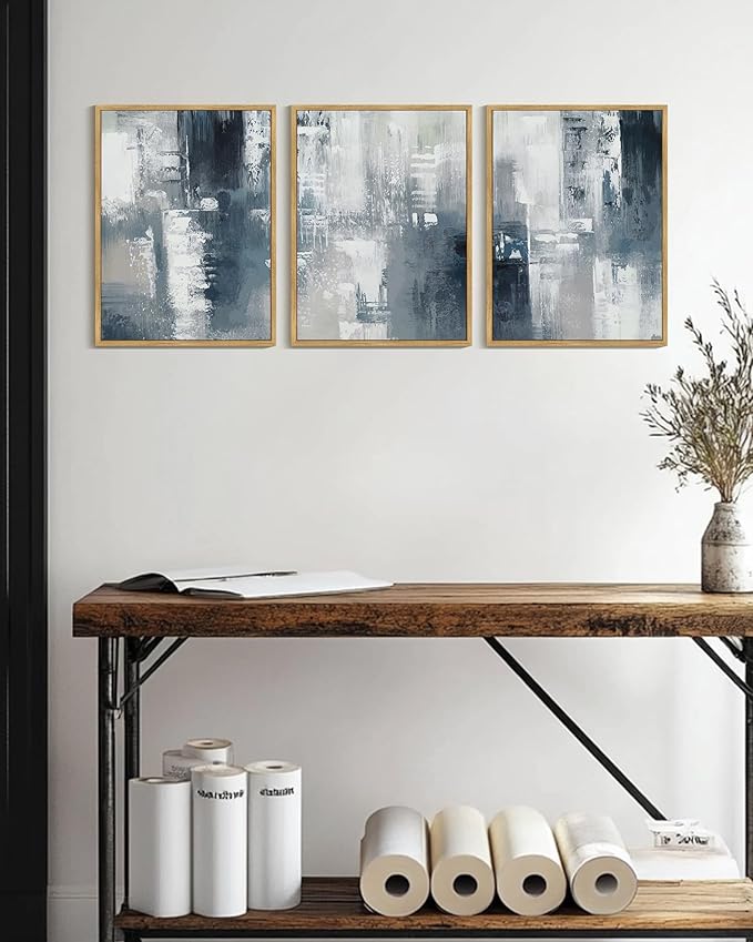 KUVIOKE Navy Blue and Gray Abstract Framed Canvas Wall Art Brush Strokes Block Shape Pastel Wall Decor Modern Minimalist Art Painting for Bedroom Dining Room 12x16in (Natural Framed)