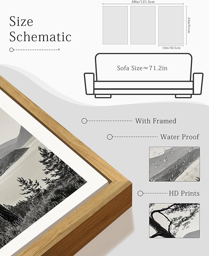 KUVIOKE Vintage Tree Framed Canvas Wall Art Black and White Retro Antique Forest Drawings Nature Wilderness Sketch Wall Painting Modern Decor 16x24in (Natural Framed)