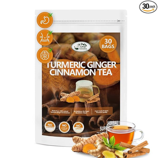 30 Bags Premium Turmeric, Ginger, Cinnamon Blend Tea, Upgraded Version. Improve Digestion, Support Brain, Weight, Skin and Sleep.100% Natural & No Additives & Caffeine Free.