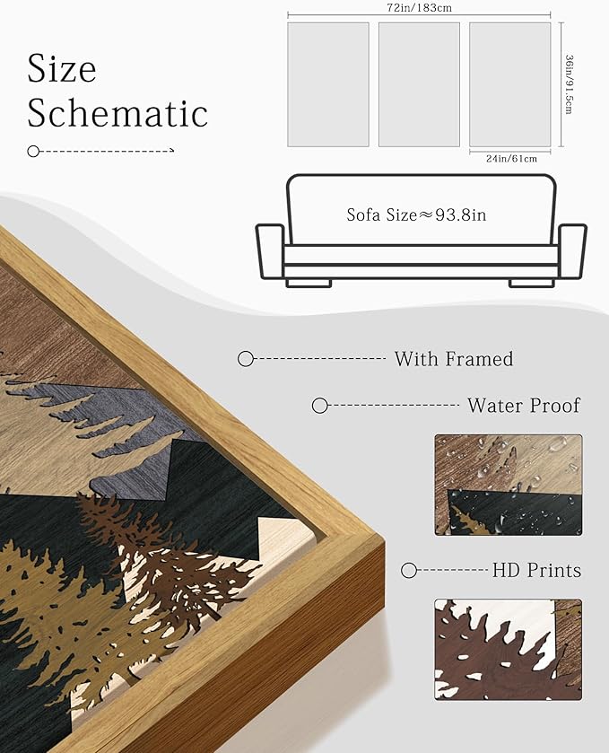 KUVIOKE Morden Boho Mountains Framed Canvas Wall Art Pine Tree Forest Nature Landscape Artwork Painting Bohemain Farmhouse Rustic Room Decor for Bedroom Living Room 24x36in (Natural Framed)