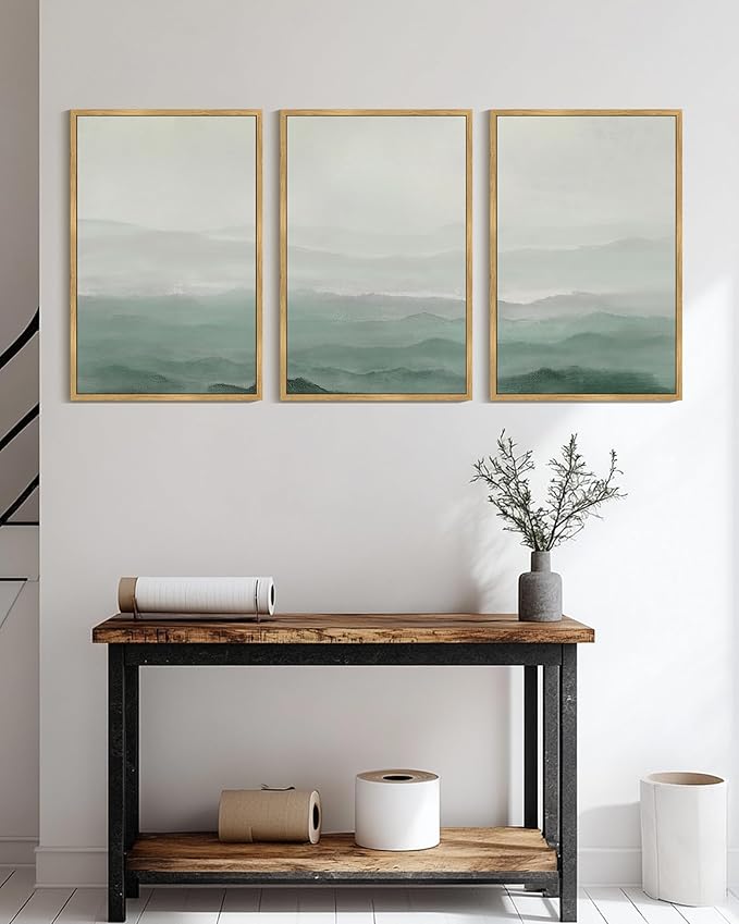 KUVIOKE Green Watercolor Mountains in Fog Framed Canvas Wall Art Wilderness Nature Landscape Artwork Painting Boho Rustic Scenic Relax Cool Room Decor for Bedroom Living Room 24x36in (Natural Framed)