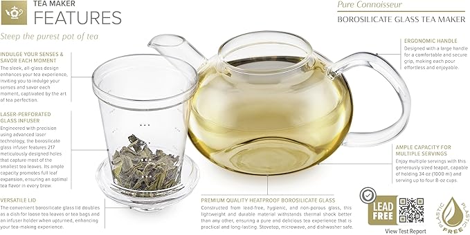 Teabloom Pure Connoisseur Heatproof Glass Teapot And Infuser With Microdots For Loose-Leaf Teas - 34 Ounces (Flexible 4+ Cup Capacity)