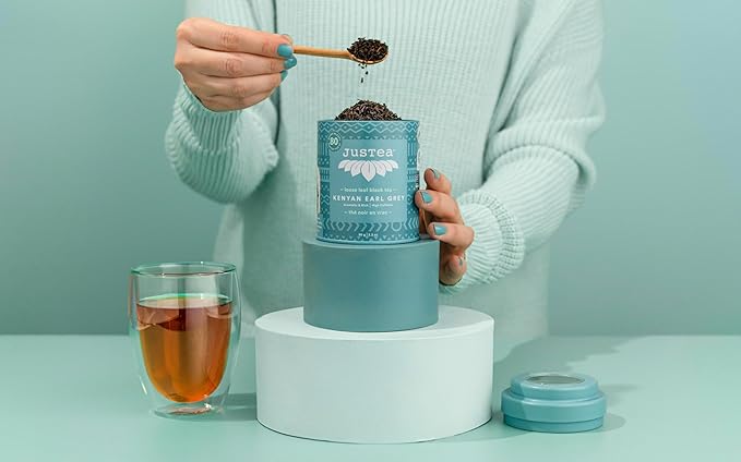 JusTea KENYAN EARL GREY | Loose Leaf Black Tea | Tin with Hand Carved Tea Spoon | 40+ Cups (3.2oz) | High Caffeine | Award-Winning | Fair Trade | Non-GMO
