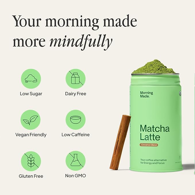 Morning Made Cinnamon Flavored Ceremonial Grade Matcha Powder | 8.46oz (240g) Resealable Tin | 60 Servings Premium Japanese Green Tea | Sweetened with Organic Sugar | Rich in Antioxidants & Energy Boosting