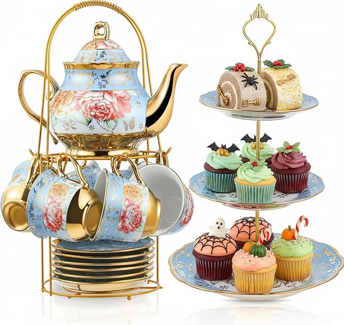 Maxcheck 21 Pcs Tea Party Set for Adults European Floral Tea Set with Metal Holder and 3 Tier Ceramic Cake Stand Porcelain Flower Cup Teapot for Dessert Cupcake(Advanced Style)