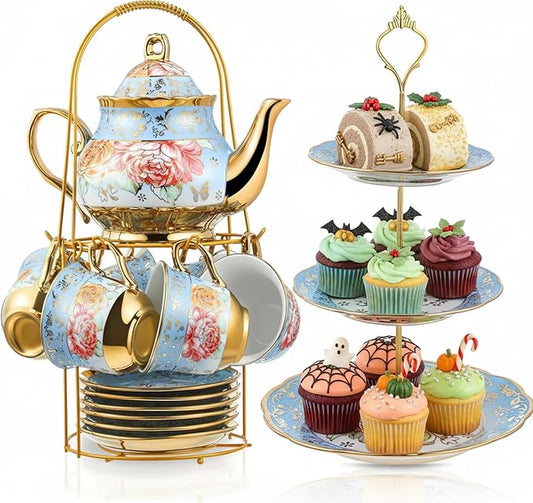 Maxcheck 21 Pcs Tea Party Set for Adults European Floral Tea Set with Metal Holder and 3 Tier Ceramic Cake Stand Porcelain Flower Cup Teapot for Dessert Cupcake(Advanced Style)
