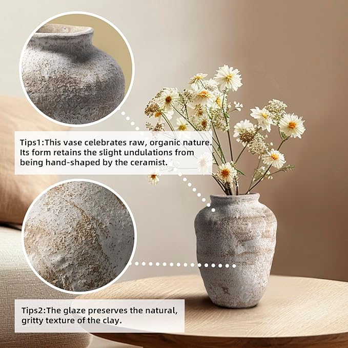 Ceramic Farmhouse Vase Rustic Decor,Pottery Decorative Flower Vases for Home Decor,Boho Vase for Table, Living Room,Bathroom,Shelf,Mantel Decoration,7.7 inch