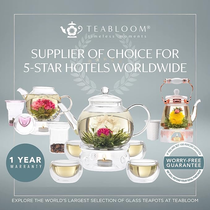Teabloom Le Bouquet Glass Teapot with Two Gourmet Blooming Tea Flowers - 34 Oz /1 L Capacity (Up to 4 Cups of Tea)