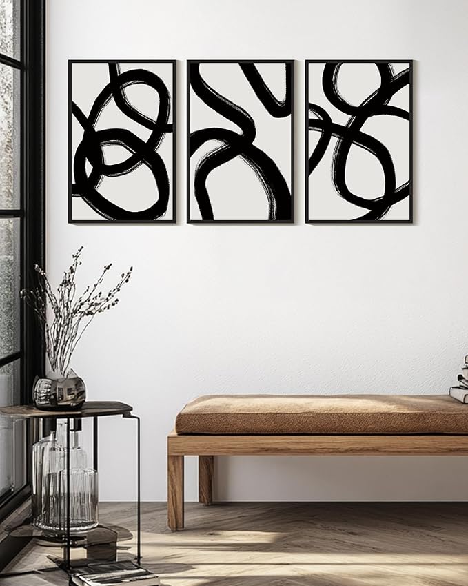 KUVIOKE Black and White Abstract Framed Wall Art Ink Wash Minimalist Lines Painting Artwork for Bedroom Hallway 16x24in (Black Framed)