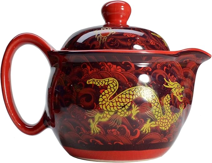 Ceramic Teapot With 6 Cups Set Chinese Porcelain Dragon Tea pot with Infuser and Teacup for Home Office Tea Set (red)