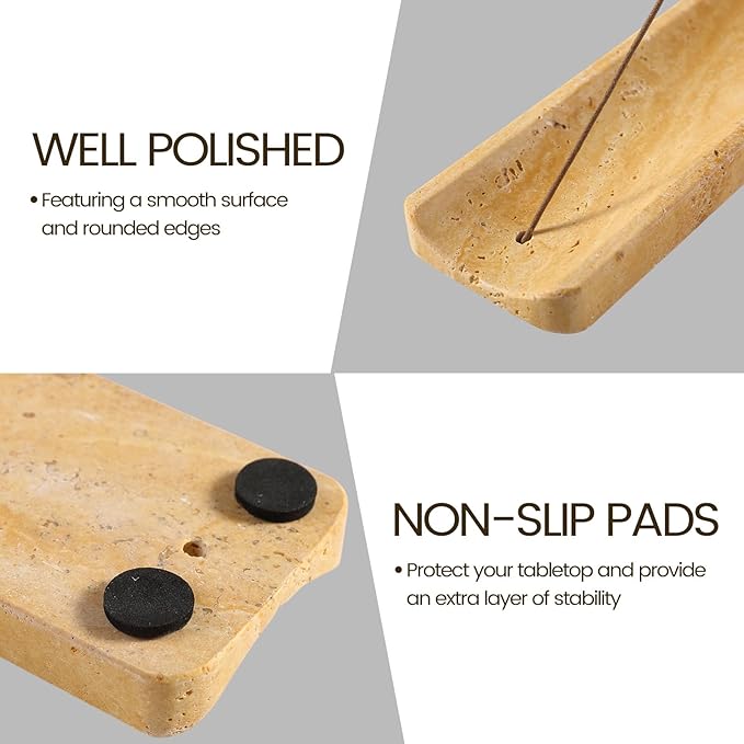 Koville Travertine Incense Holder, Incense Holder for Sticks, Long Incense Sticks Holder Ash Catcher for Meditation Yoga SPA, Natural Stone Incense Burner, Home Table Decor(Yellow)