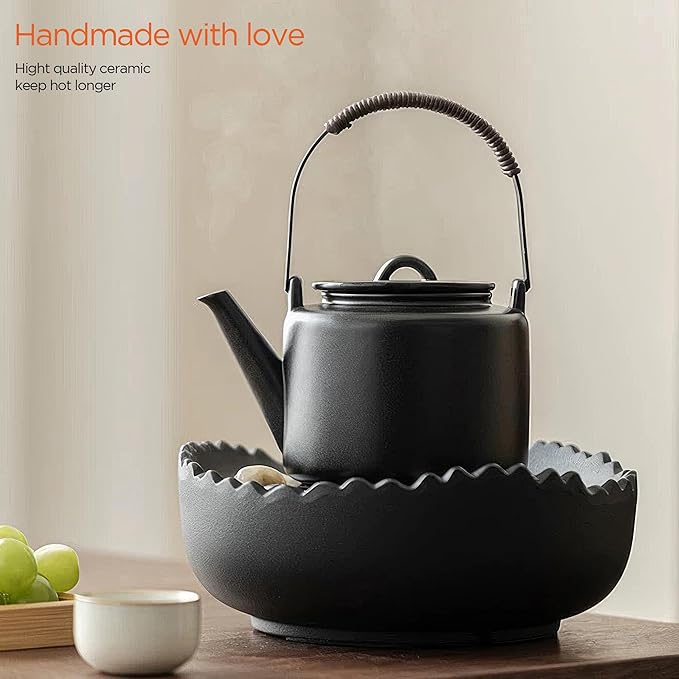 Small Stove Safe Ceramic Teapot with Cold Touch Curved Handle (27oz) - Hand-Glazed Finish - Suitable for Boiling Water and a Variety of Teas and Herbs - Matte Black