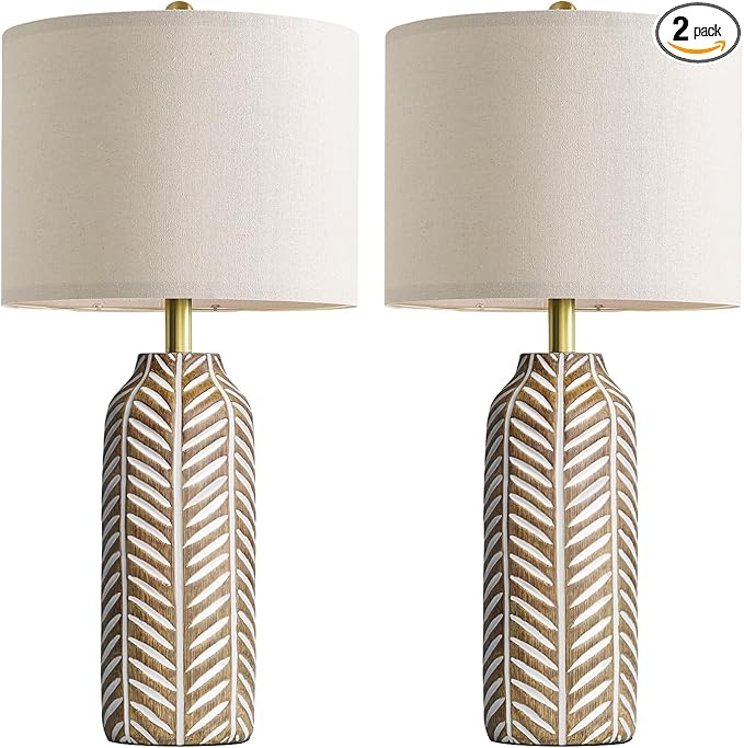 BOBOMOMO 26" Farmhouse Table Lamps Set of 2 - Vintage Leaf Design, Rustic Resin Nightstand Lamps for Bedroom, Living Room, Nursery, Hallway, Elegant Living Room Lamps with Linen Shades Antique Brown