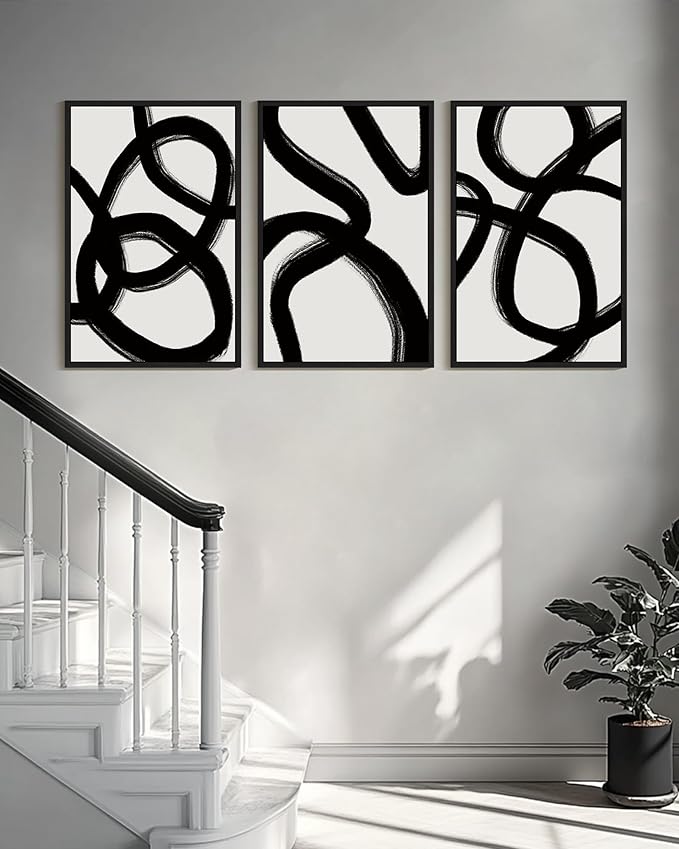 KUVIOKE Black and White Abstract Framed Wall Art Ink Wash Minimalist Lines Painting Artwork for Bedroom Hallway 24x36in (Black Framed)