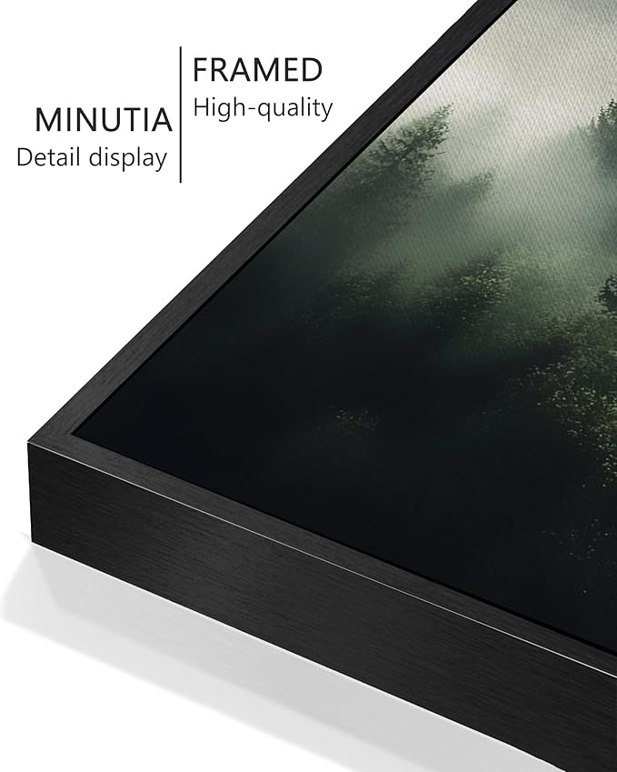 KUVIOKE Morden Green Fog Pine Tree Framed Canvas Wall Art Nature Nordic Forests Artwork Painting Bedroom Decor 12x16in (Black Framed)