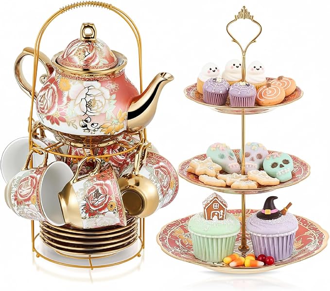 Maxcheck 21 Pcs Tea Party Set for Adults European Floral Tea Set with Metal Holder and 3 Tier Ceramic Cake Stand Porcelain Flower Cup Teapot for Dessert Cupcake(Romantic Style)