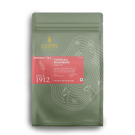 Luxmi Estates Rooibos Vanilla Organic Rooibos Tea (50 Tea Bags) Caffeine Free Tea Bags For Relaxing, Calming, and Stress Relief, With Certified Organic Herbal Tea