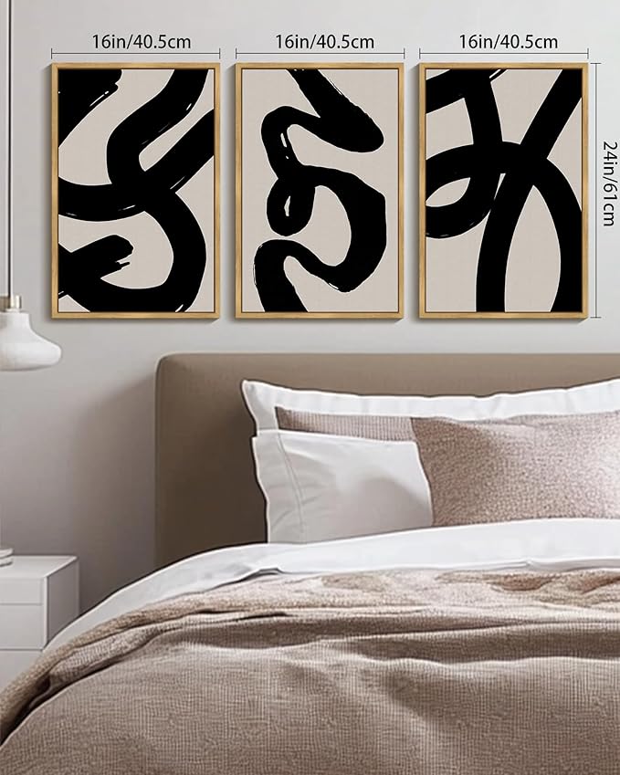 KUVIOKE Black Abstract Framed Wall Art Ink Wash Minimalist Lines Canvas Painting Artwork for Bedroom Hallway 16x24in (Natural Framed)