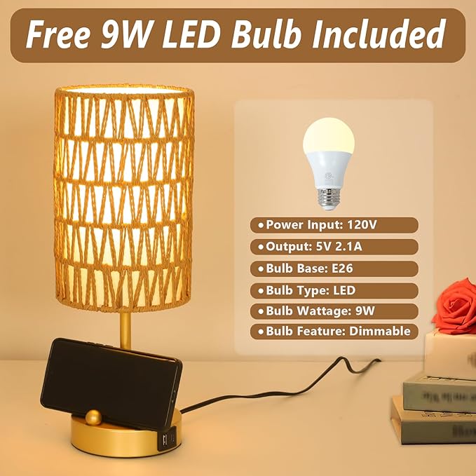 Gold Table Lamp for Bedroom with Bulb, Small Touch Control Table Lamp for Living Room with Rattan & Linen Shade, 3 Way Dimmable Bedside Lamp for Nightstand with USB Charging Port & Phone Stand
