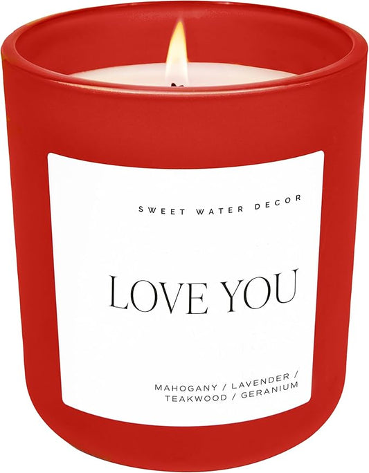 Sweet Water Decor Love You Scented Candles - Soy Candles with Fresh Lavender, Geranium, Warm Mahogany and Earthy Teakwood - Candle Wax with 70 Hours Burn Time - 15Oz Red Matte Jar Wax Candle