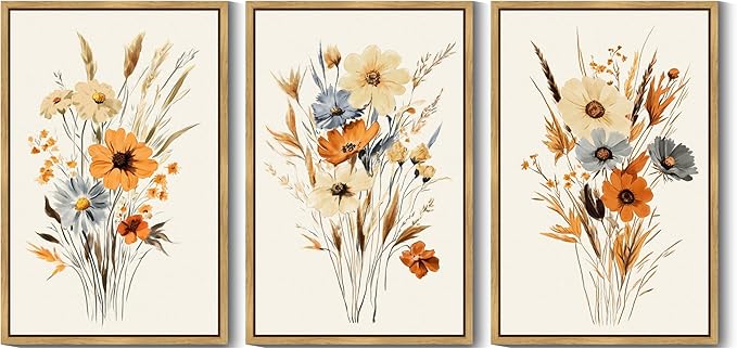 KUVIOKE Vintage Wildflower Bouquet Framed Wall Art Retro Flower Botanical Pictures Illustrations Colorful Floral Hanging Decor 24x36in (Natural Framed)